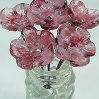 Pink Variegated glass flowers, tiny small mini glass flowers on wire; handcrafted lampwork, jewelry, mixed media, wedding plant gift