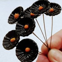 Black & Gold Coral Disk glass flower headpins,tiny small mini glass flowers on wire; glass lampwork, jewelry, mixed media, gifts college