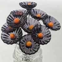 Purple & Gold Coral Disk mini tiny small glass flowers on wire;handcrafted lampwork, alumni school spirit, jewelry, wedding, great gifts