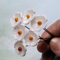 White 5-petal with yellow center glass flower headpins, tiny small mini glass flowers on wire; lampwork, jewelry, mixed media, wedding, gift