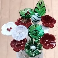 Christmas Holiday Bouquet, glass flower/leaf bouquet, tiny, small glass flowers; handcrafted lampwork, holiday, curio, windowsill, wedding