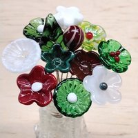 Christmas Holiday Bouquet, glass flower/leaf bouquet, tiny, small glass flowers; handcrafted lampwork, holiday, curio, windowsill, wedding
