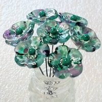 Emerald Island Turquoise/Purple 5-Petal glass flowers, tiny small mini glass flowers on wire; handcrafted lampwork, jewelry, mix media, gift