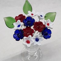 PATRIOTIC/RedWhiteBlue Bouquet ~ glass flower/leaf bouquet, tiny small mini glass flowers; indiviually crafted, military patriotic gift