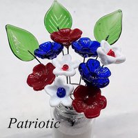 PATRIOTIC/RedWhiteBlue Bouquet ~ glass flower/leaf bouquet, tiny small mini glass flowers; indiviually crafted, military patriotic gift