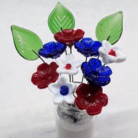 PATRIOTIC/RedWhiteBlue Bouquet ~ glass flower/leaf bouquet, tiny small mini glass flowers; indiviually crafted, military patriotic gift