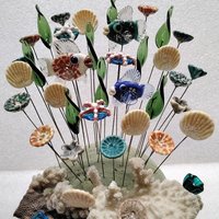 CORAL TAN FISH glass miniature 5" high; small, tiny fish sculpture on wire  ~ tiny, small miniature glass sculpture