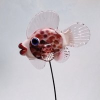 New! PINK/CRANBERRY FISH  glass miniature 5" high; handmade lampwork small fish sculpture on wire  ~ tiny small miniature glass sculpture