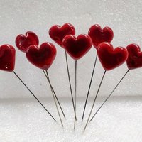 Red Glass Heart plant pick on 5 inch stainless steel wire, glass heart on wire for floral bouquet, cake, decor, jewelry, handmade lampwork
