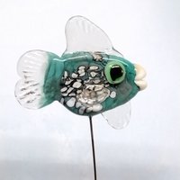 NEW! TURQUOISE FISH glass miniature 5" high; small, tiny fish sculpture on wire  ~ tiny, small miniature glass sculpture