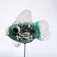 NEW! TURQUOISE FISH glass miniature 5" high; small, tiny fish sculpture on wire  ~ tiny, small miniature glass sculpture