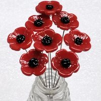 RED POPPY glass flower headpins miniature small tiny glass flowers on wire; individually crafted lampwork, bestseller 1/2 inch in 5in wire