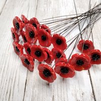 RED POPPY glass flower headpins miniature small tiny glass flowers on wire; individually crafted lampwork, bestseller 1/2 inch in 5in wire