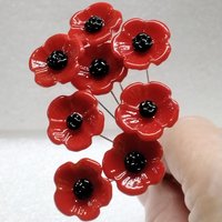 RED POPPY glass flower headpins miniature small tiny glass flowers on wire; individually crafted lampwork, bestseller 1/2 inch in 5in wire