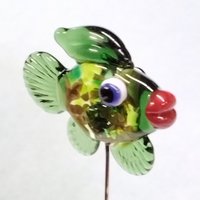 GREEN CAMO FISH glass miniature 5" high; handmade lampwork small fish sculpture on wire ~ tiny small miniature glass sculpture
