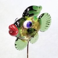 GREEN CAMO FISH glass miniature 5" high; handmade lampwork small fish sculpture on wire ~ tiny small miniature glass sculpture