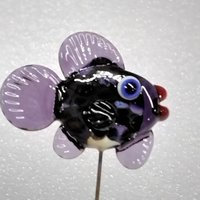 DARK PURPLEfrit FISH glass miniature 5" high; handmade lampwork small fish sculpture on wire; tiny small miniature glass sculpture