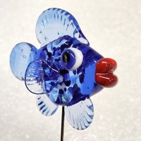 DARKBLUE VARIAGATED FISH glass miniature 5" high; handmade lampwork small fish sculpture on wire  ~ tiny small miniature glass sculpture