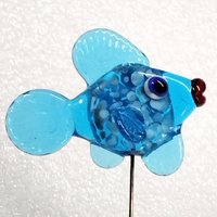 AQUA FRIT FISH glass miniature 5" high; handmade lampwork small fish sculpture on wire  ~ tiny small miniature glass sculpture