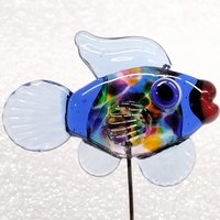 RAINBOW KALEIDOSCOPE FISH glass sculpture 5" high; handmade lampwork small fish sculpture on wire  ~ tiny small miniature glass fish