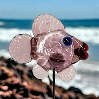 SOFTPINK FRIT FISH glass sculpture 5" high; handmade lampwork small fish sculpture on wire  ~ tiny small miniature glass sculpture