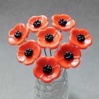 POPPY MIX Red and Orange glass flower Set of 6; small tiny miniature glass flowers on wire, handcrafted lampwork, jewelry, mixed media, gift