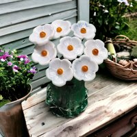 White 5-petal with yellow center glass flower headpins, tiny small mini glass flowers on wire; lampwork, jewelry, mixed media, wedding, gift