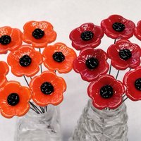 RED POPPY glass flower headpins miniature small tiny glass flowers on wire; individually crafted lampwork, bestseller 1/2 inch in 5in wire