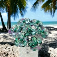 Emerald Island Turquoise/Purple 5-Petal glass flowers, tiny small mini glass flowers on wire; handcrafted lampwork, jewelry, mix media, gift