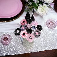 PINK/BLACK VINTAGE Retro ~glass flower/leaf bouquet tiny small miniature glass flowers; handcrafted lampwork, gift, curio, windowsill