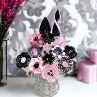 PINK/BLACK VINTAGE Retro ~glass flower/leaf bouquet tiny small miniature glass flowers; handcrafted lampwork, gift, curio, windowsill