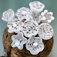 SNOW WHITE MOTTLE glass flower headpins; tiny small mini glass flowers on wire; lampwork, fairy garden, wedding, small gift bouquet, jewelry