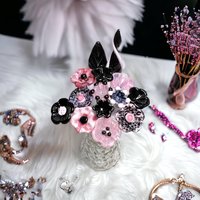 PINK/BLACK VINTAGE Retro ~glass flower/leaf bouquet tiny small miniature glass flowers; handcrafted lampwork, gift, curio, windowsill