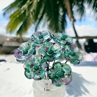 Emerald Island Turquoise/Purple 5-Petal glass flowers, tiny small mini glass flowers on wire; handcrafted lampwork, jewelry, mix media, gift