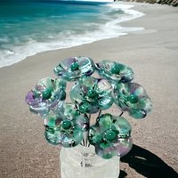 Emerald Island Turquoise/Purple 5-Petal glass flowers, tiny small mini glass flowers on wire; handcrafted lampwork, jewelry, mix media, gift