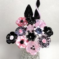 PINK/BLACK VINTAGE Retro ~glass flower/leaf bouquet tiny small miniature glass flowers; handcrafted lampwork, gift, curio, windowsill