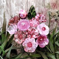 PINKTACULAR (strength) ~glass flower/leaf bouquet,tiny small glass flowers; handcrafted lampwork, wedding, baby, girl, placesetting, curio