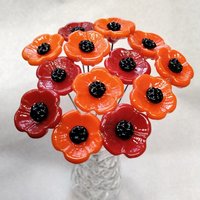 POPPY MIX Red and Orange glass flower Set of 6; small tiny miniature glass flowers on wire, handcrafted lampwork, jewelry, mixed media, gift