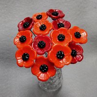 POPPY MIX Red and Orange glass flower Set of 6; small tiny miniature glass flowers on wire, handcrafted lampwork, jewelry, mixed media, gift