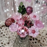 PINKTACULAR (strength) ~glass flower/leaf bouquet,tiny small glass flowers; handcrafted lampwork, wedding, baby, girl, placesetting, curio