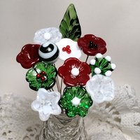 Christmas Holiday Bouquet, glass flower/leaf bouquet, tiny, small glass flowers; handcrafted lampwork, holiday, curio, windowsill, wedding