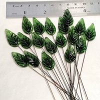 Flat Sage Green Leaf - Glass Leaf Headpins  tiny small glass leaf shape on wire; individually crafted lampwork for flower bouquet or jewelry