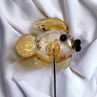 GOLDIE #2 GLITTER FISH glass sculpture 5" high; handmade lampwork small fish sculpture on wire  ~ tiny small miniature glass fish