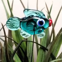 Dark Seagreen Teal Fish glass miniature 5" high; small, tiny fish sculpture on wire  ~ tiny, small miniature glass sculpture