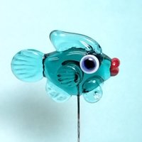 Dark Seagreen Teal Fish glass miniature 5" high; small, tiny fish sculpture on wire  ~ tiny, small miniature glass sculpture