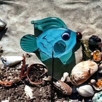 Aqua and Dark Seagreen Fin Fish glass miniature 5" high; small, tiny fish sculpture on wire  ~ tiny, small miniature glass sculpture