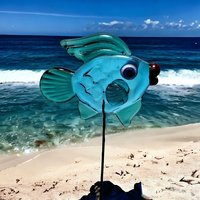 Aqua and Dark Seagreen Fin Fish glass miniature 5" high; small, tiny fish sculpture on wire  ~ tiny, small miniature glass sculpture