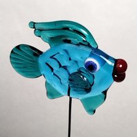 Aqua and Dark Seagreen Fin Fish glass miniature 5" high; small, tiny fish sculpture on wire  ~ tiny, small miniature glass sculpture