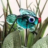 Dark Seagreen Teal Fish glass miniature 5" high; small, tiny fish sculpture on wire  ~ tiny, small miniature glass sculpture