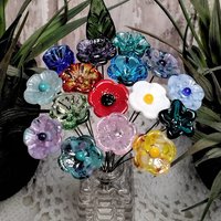 Deluxe BestSellers Bouquet mini glass flower/leaf bouquet with 17 flowers/leaf total tiny small glass flowers crafted lampwork, boho decor